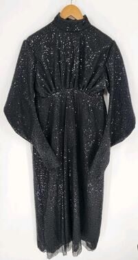 Handmade Black Sequin Lace Long Sleeve A-Line Dress Gothic Theater Costume